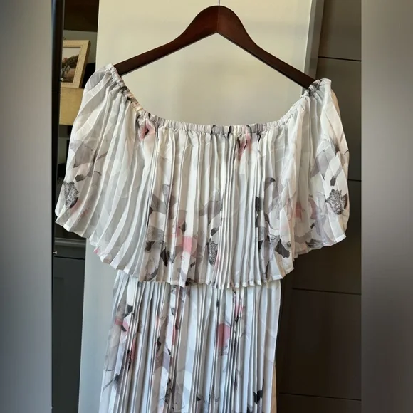 NWOT • Baltic Born • Pleated Off The Shoulder Grey Floral Dress • Small - Picture 2 of 4